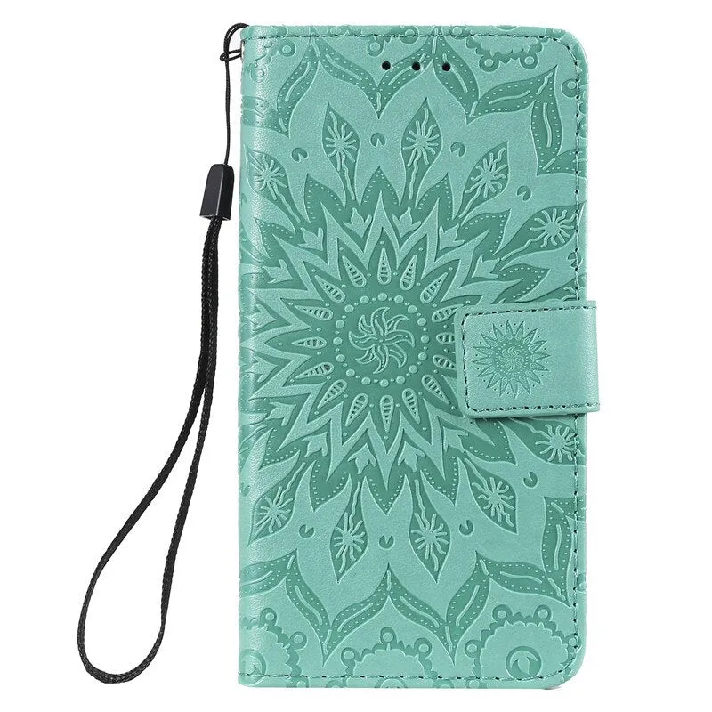 Anymob Huawei Phone Case Green Flower Design Flip Leather Wallet Phone Cover