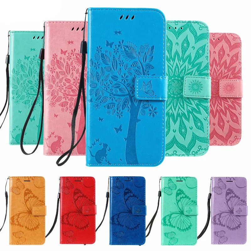 Anymob Huawei Phone Case Green Flower Design Flip Leather Wallet Phone Cover
