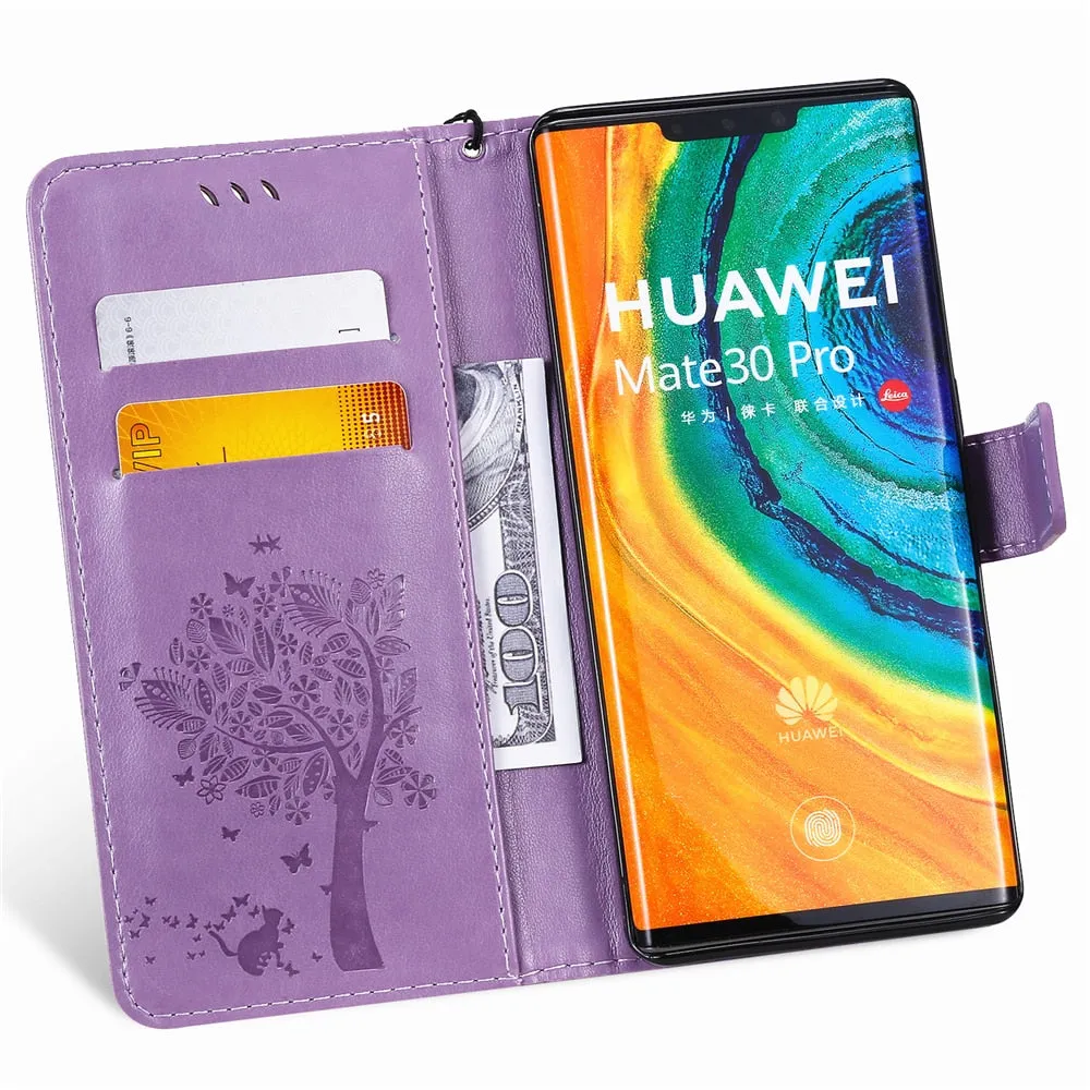 Anymob Huawei Purple Leather Flip Case Wallet Cover Cat Phone Shell