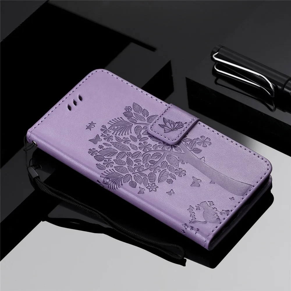 Anymob Huawei Purple Leather Flip Case Wallet Cover Cat Phone Shell