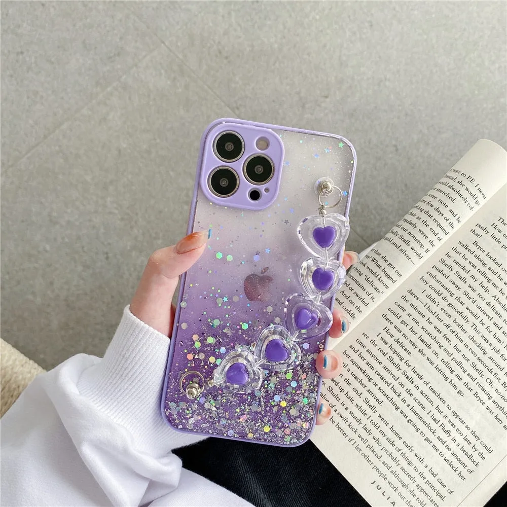 Anymob iPhone Black Crystal Heart Bracelet Phone Chain Case Glitter Soft Cover