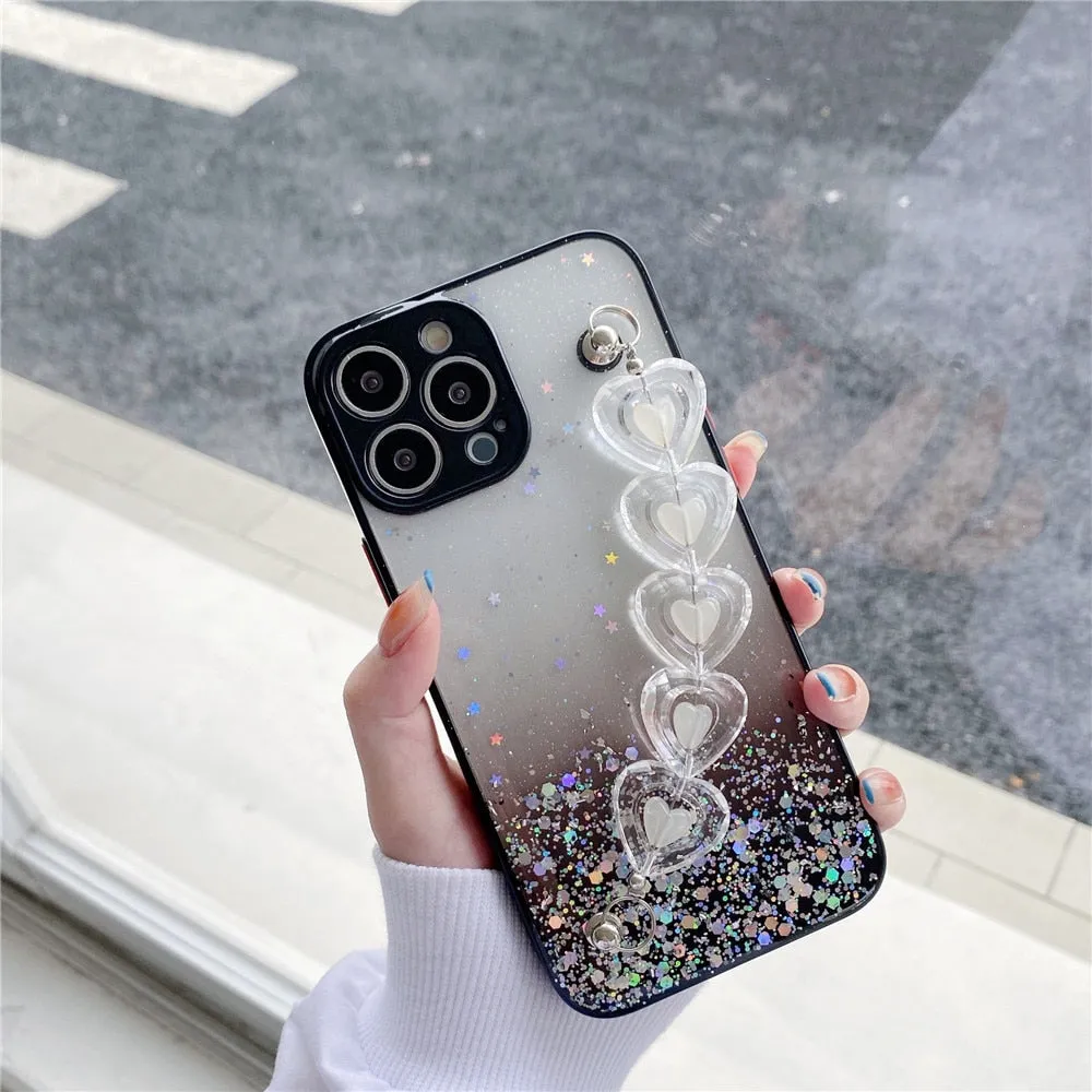 Anymob iPhone Black Crystal Heart Bracelet Phone Chain Case Glitter Soft Cover