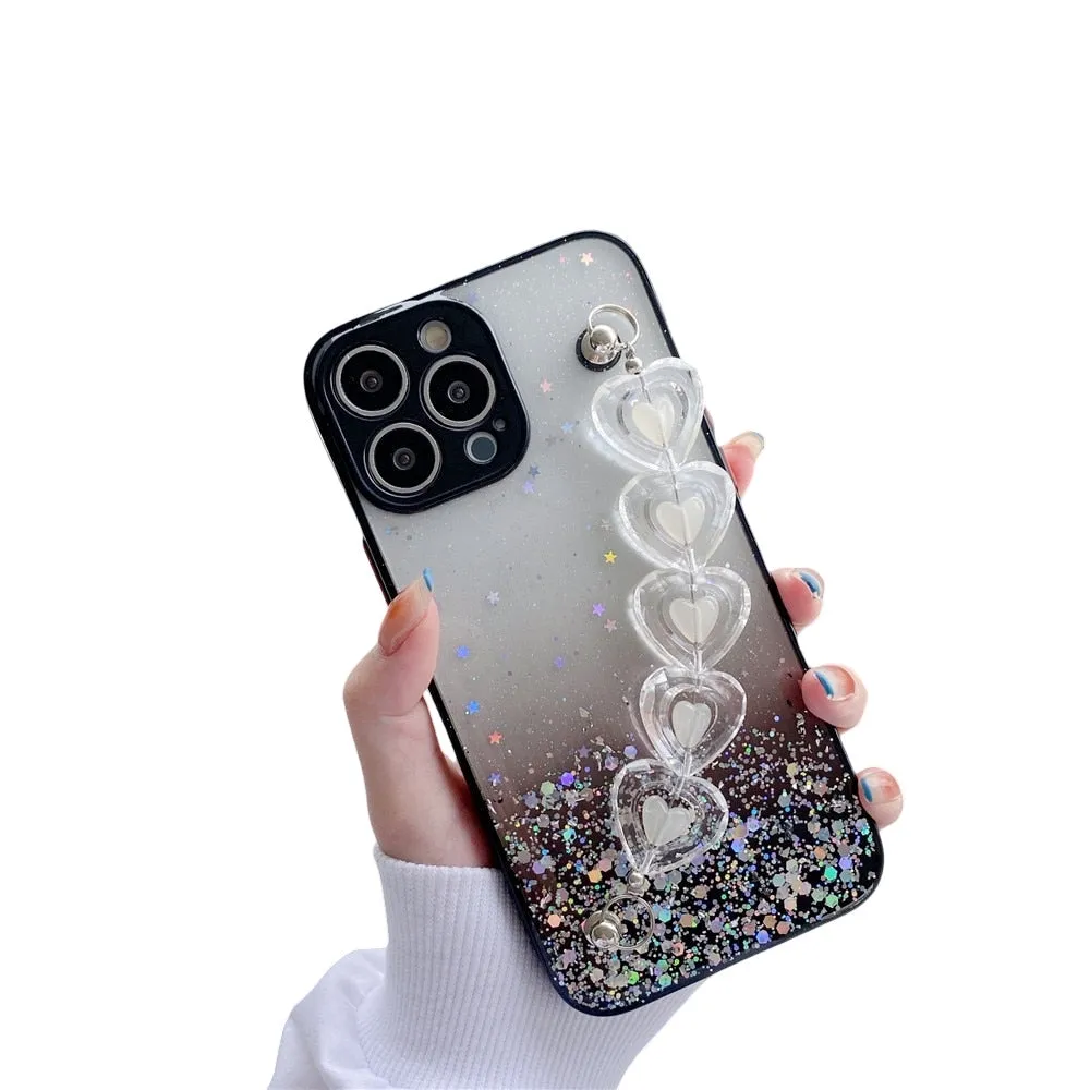 Anymob iPhone Black Crystal Heart Bracelet Phone Chain Case Glitter Soft Cover