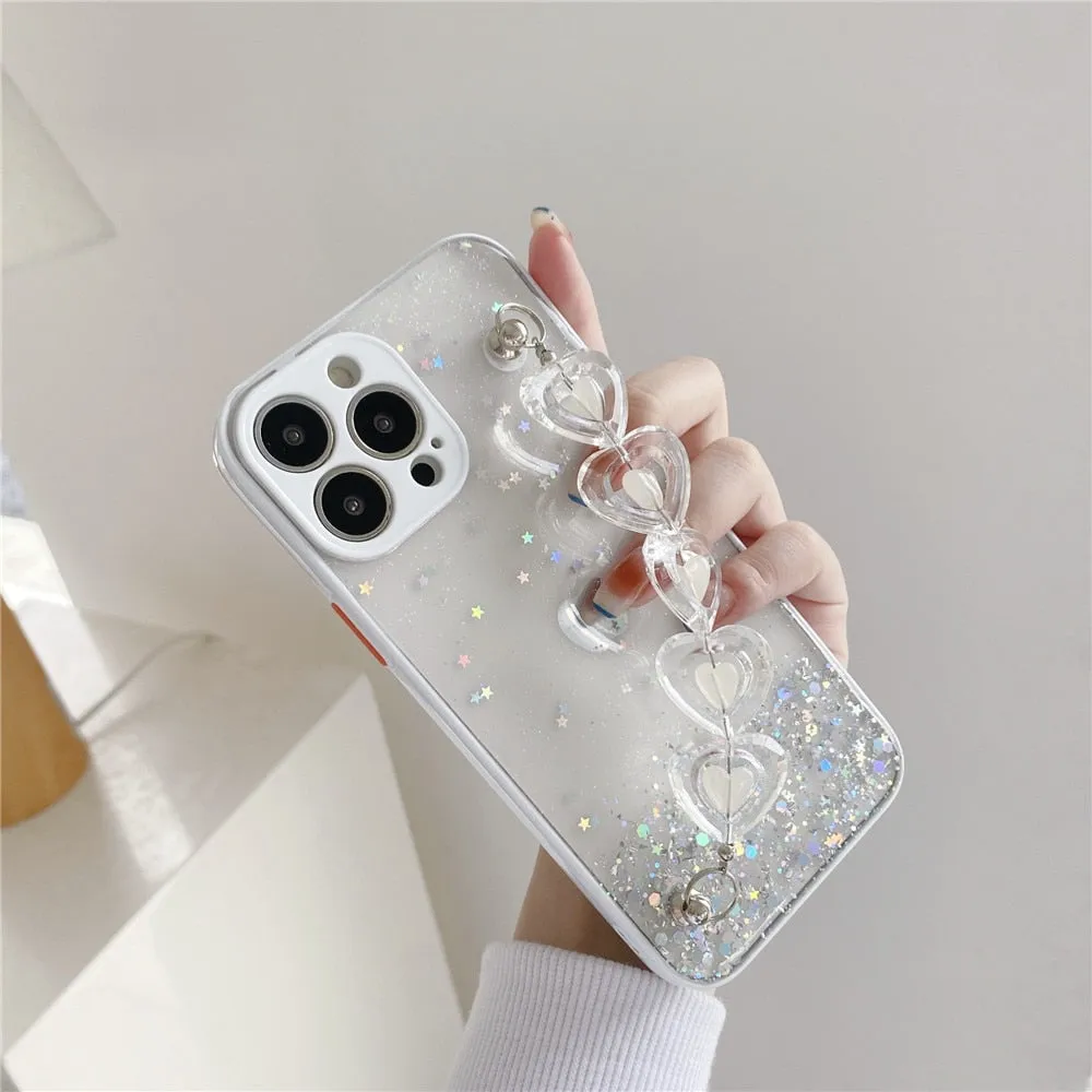 Anymob iPhone Black Crystal Heart Bracelet Phone Chain Case Glitter Soft Cover