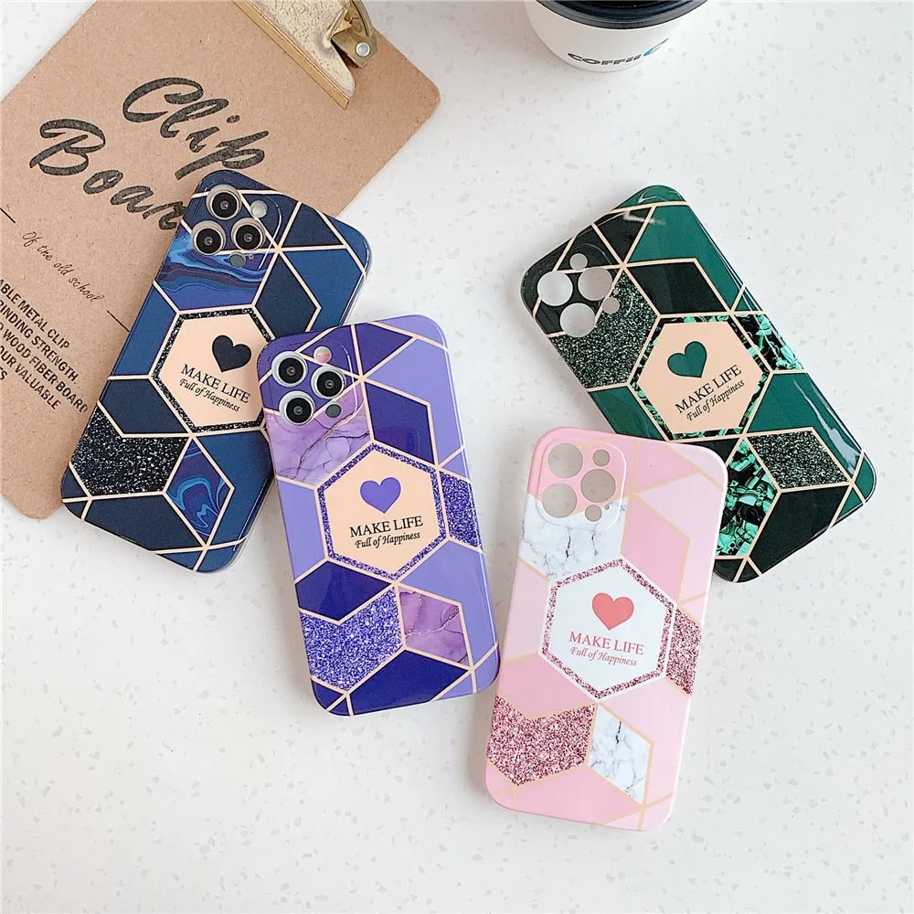 Anymob iPhone Blue Geometric Love Heart Marble Phone Cases Silicone Shell Cover