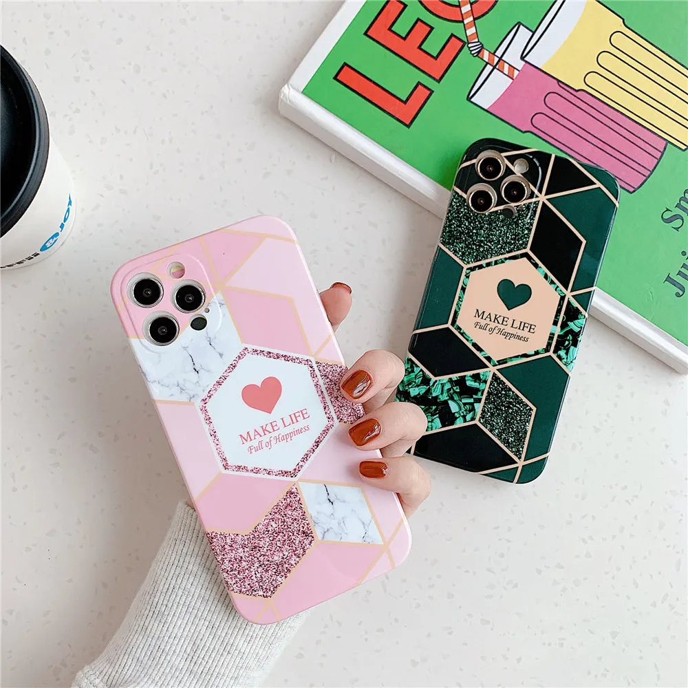 Anymob iPhone Blue Geometric Love Heart Marble Phone Cases Silicone Shell Cover