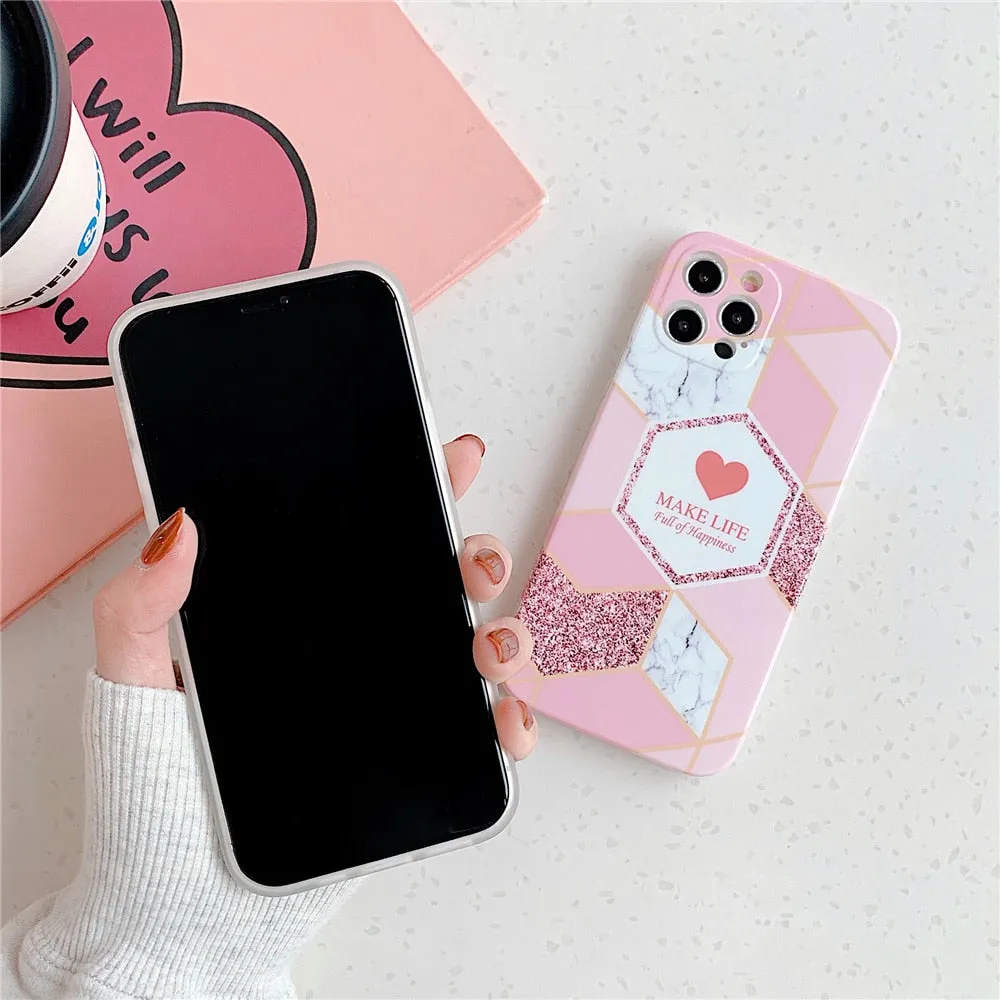 Anymob iPhone Blue Geometric Love Heart Marble Phone Cases Silicone Shell Cover