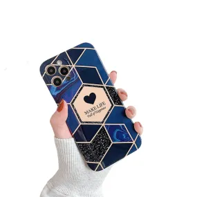 Anymob iPhone Blue Geometric Love Heart Marble Phone Cases Silicone Shell Cover