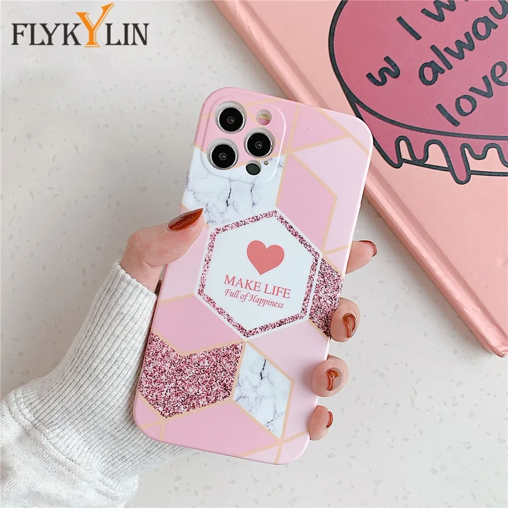 Anymob iPhone Blue Geometric Love Heart Marble Phone Cases Silicone Shell Cover