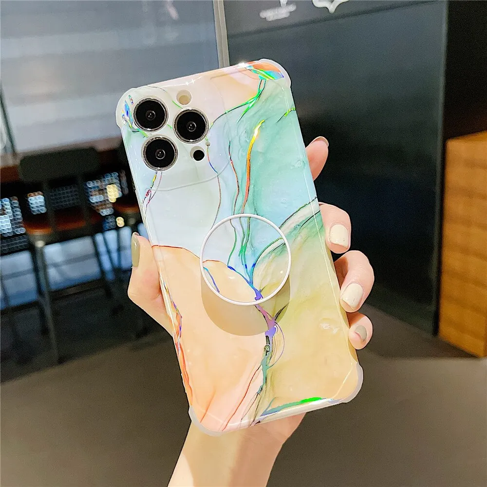 Anymob iPhone Blue Green Ring Protection Phone Case Gradient Marble Corner Shockproof Cover