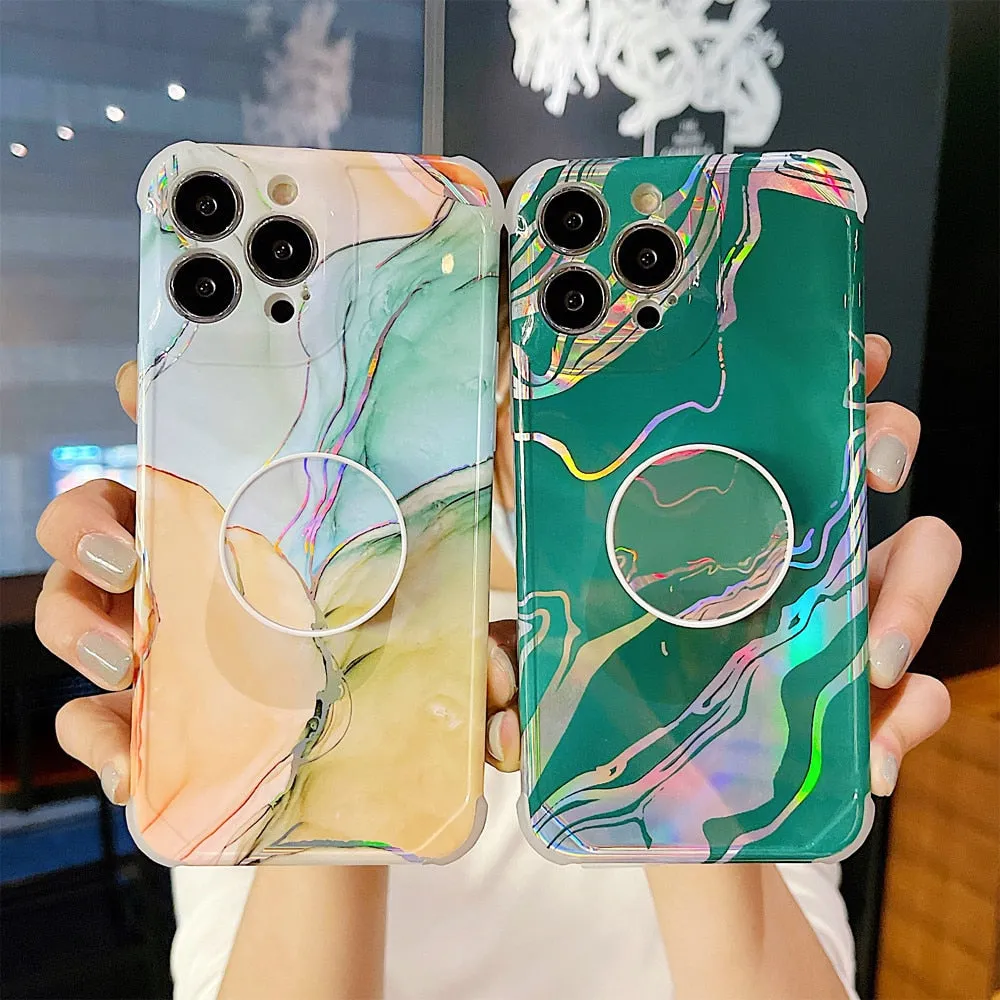 Anymob iPhone Blue Green Ring Protection Phone Case Gradient Marble Corner Shockproof Cover
