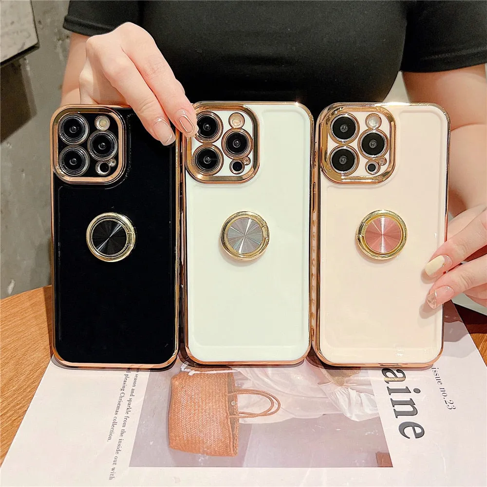 Anymob iPhone Bronze Black Soft Silicone Phone Case Stand Ring Holder Bumper Back Cover