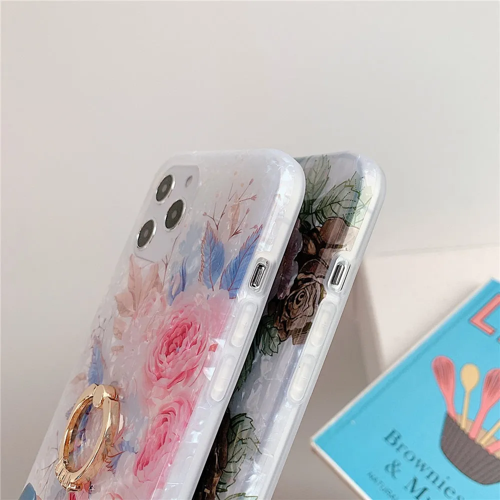 Anymob iPhone Brown Rose Shell Flowers Ring Stand Phone Cover With Ring Holder