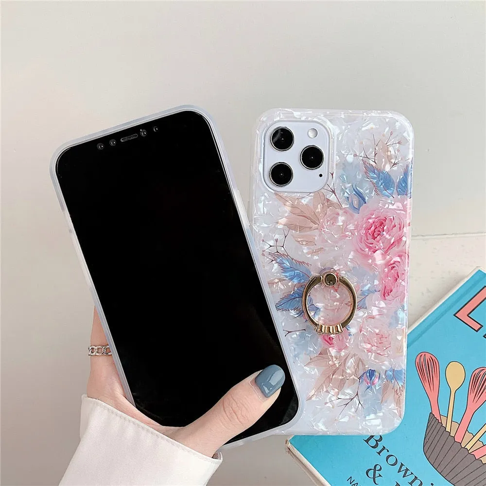 Anymob iPhone Brown Rose Shell Flowers Ring Stand Phone Cover With Ring Holder