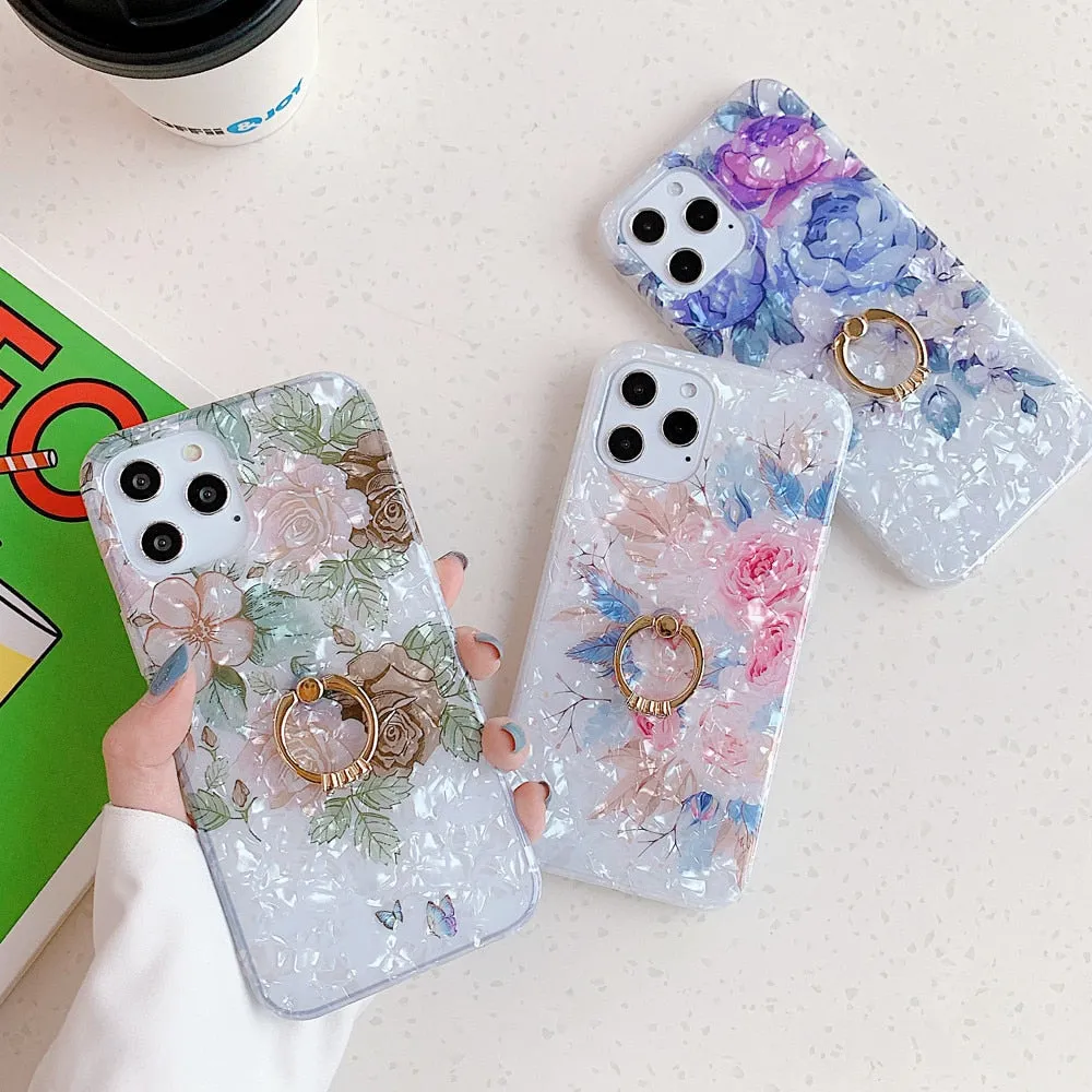 Anymob iPhone Brown Rose Shell Flowers Ring Stand Phone Cover With Ring Holder