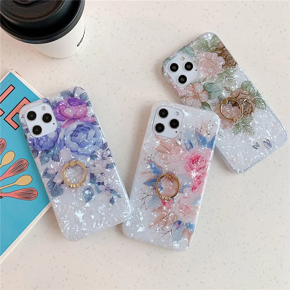 Anymob iPhone Brown Rose Shell Flowers Ring Stand Phone Cover With Ring Holder