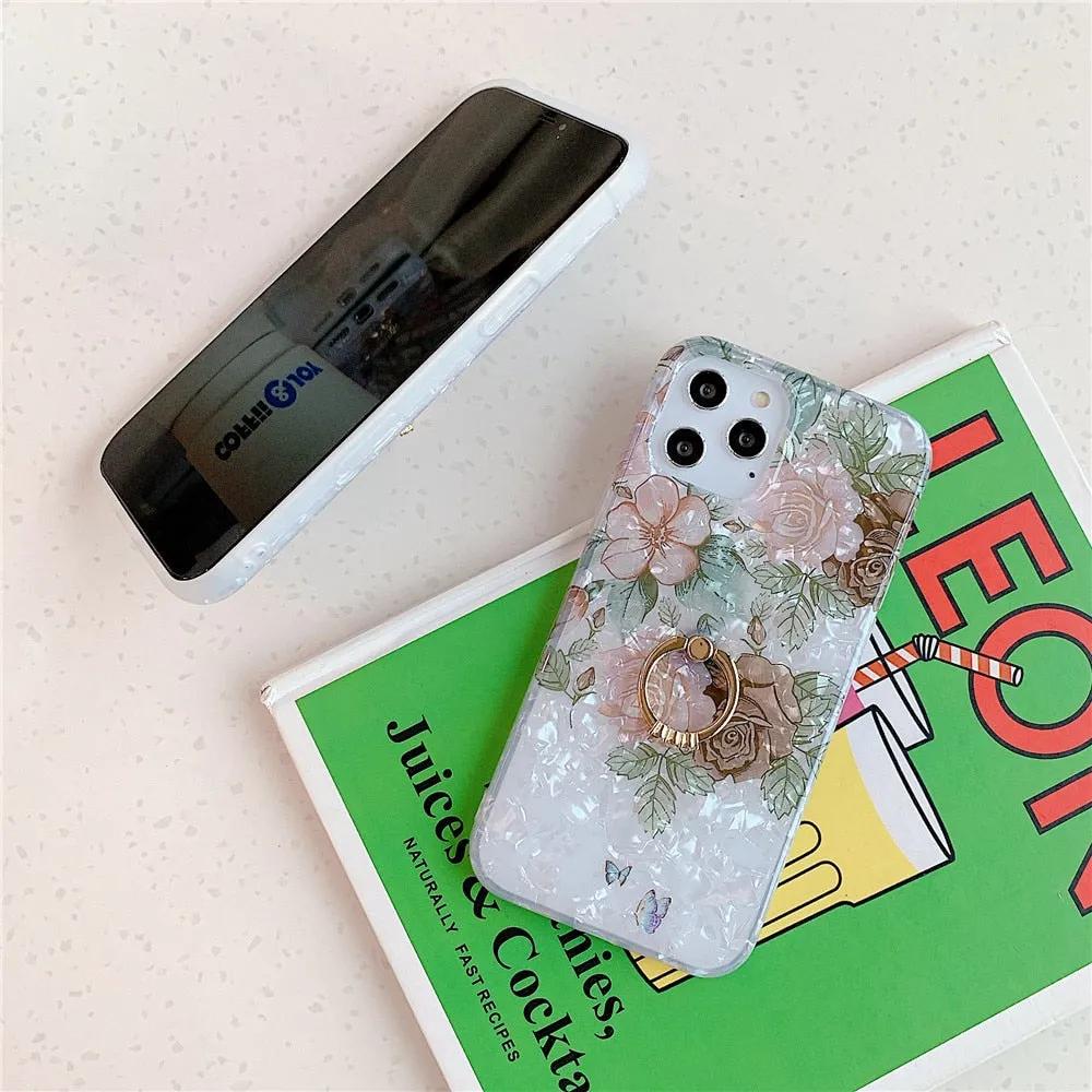 Anymob iPhone Brown Rose Shell Flowers Ring Stand Phone Cover With Ring Holder