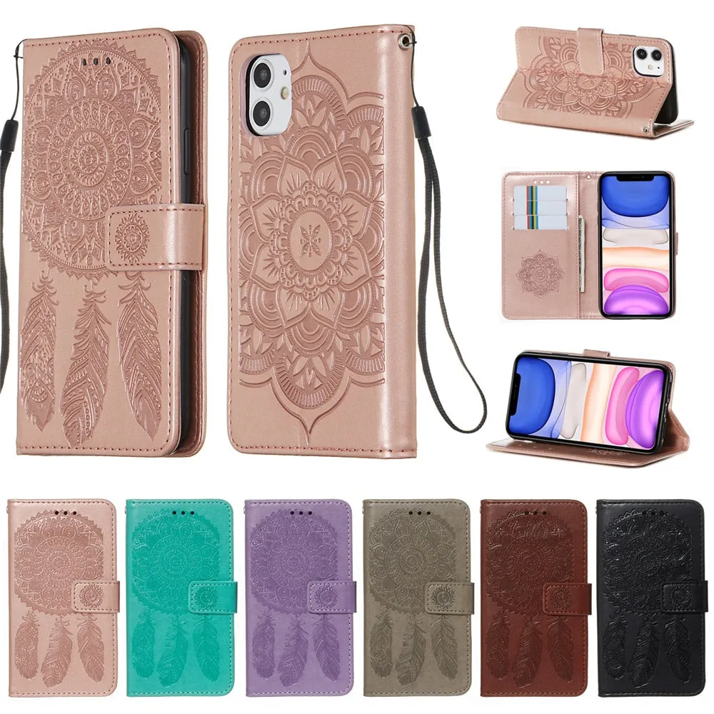 Anymob iPhone Case Brown Embossed Book Style Flip Wallet PU Leather With Card Slot