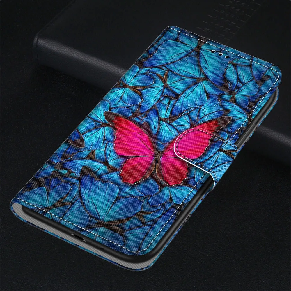 Anymob iPhone Case Pink and Blue Butterfly Flip Leather Wallet Animal Painting Phone Book Style Cover