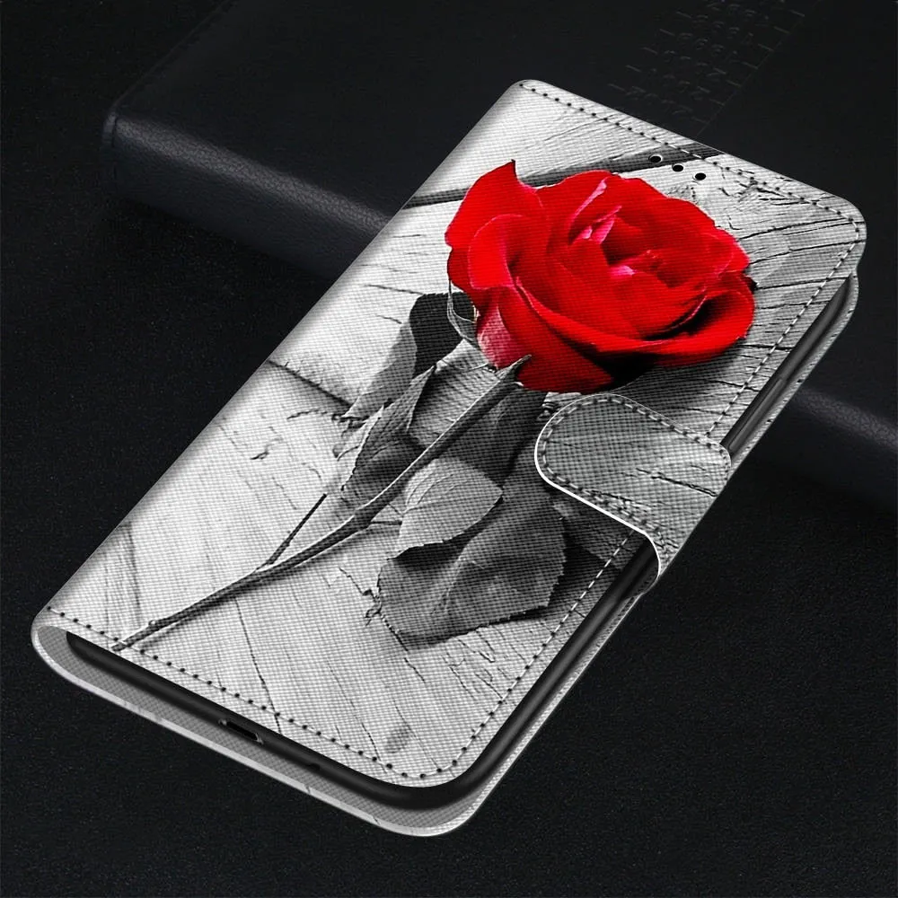Anymob iPhone Case Red Rose Flip Leather Wallet Animal Painting Phone Book Style Cover