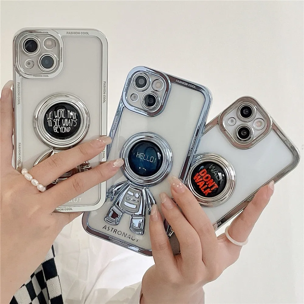 Anymob iPhone Case Silver Chromed Astronaut Foldable Holder Phone Cover