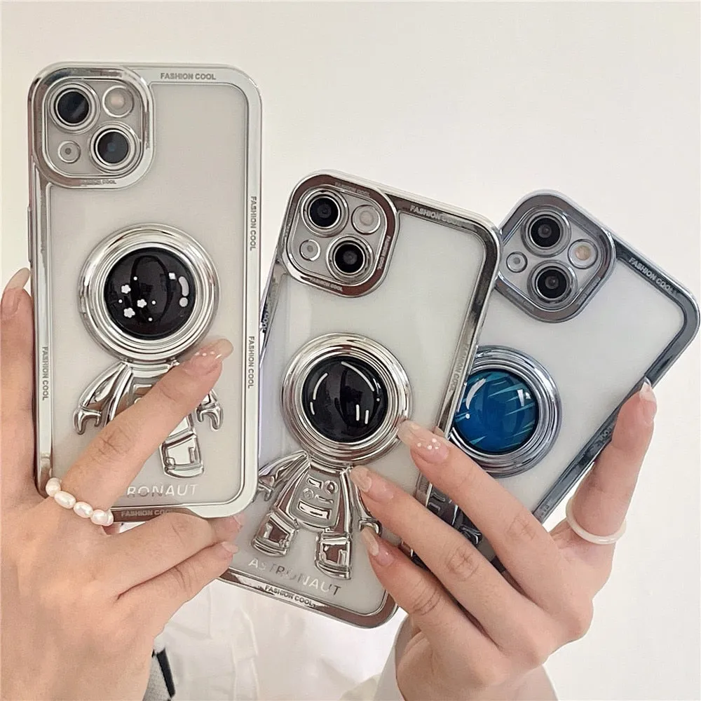 Anymob iPhone Case Silver Chromed Astronaut Foldable Holder Phone Cover