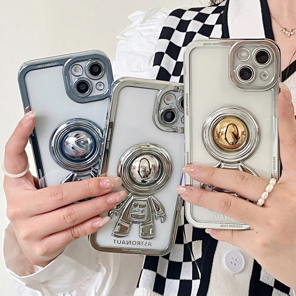 Anymob iPhone Case Silver Chromed Astronaut Foldable Holder Phone Cover