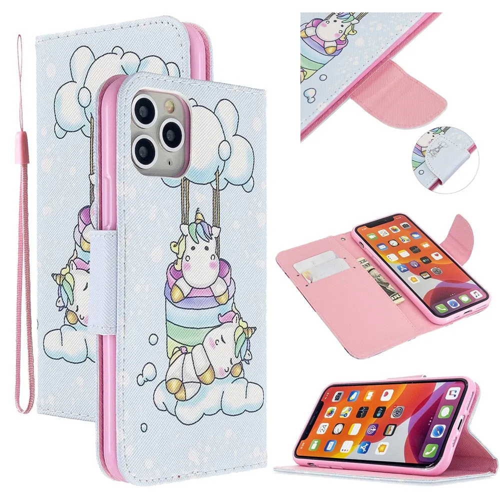 Anymob iPhone Case Unicorn with Ballon Unicorn Painted Leather Magnetic Flip Wallet Cover Shell