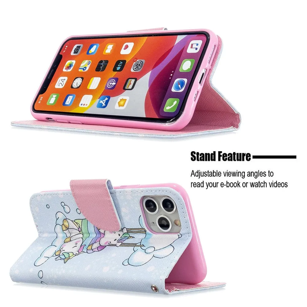Anymob iPhone Case Unicorn with Ballon Unicorn Painted Leather Magnetic Flip Wallet Cover Shell