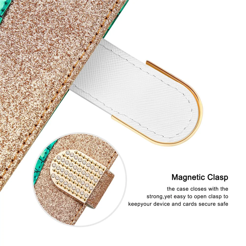 Anymob iPhone Case White Laser Flash Powder Flip Magnetic Wallet Stand Function