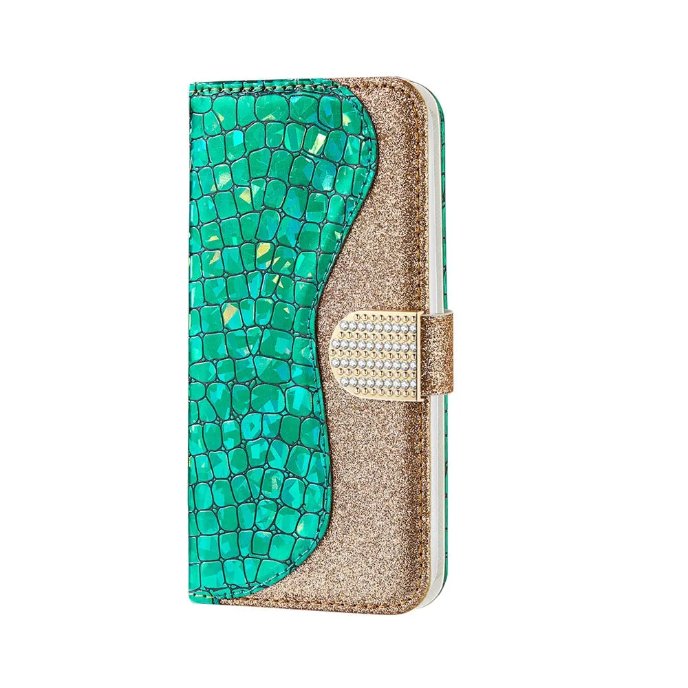 Anymob iPhone Case White Laser Flash Powder Flip Magnetic Wallet Stand Function