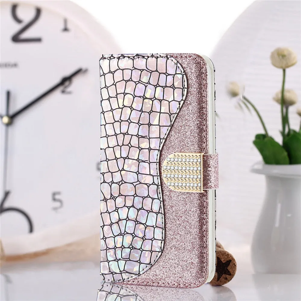 Anymob iPhone Case White Laser Flash Powder Flip Magnetic Wallet Stand Function