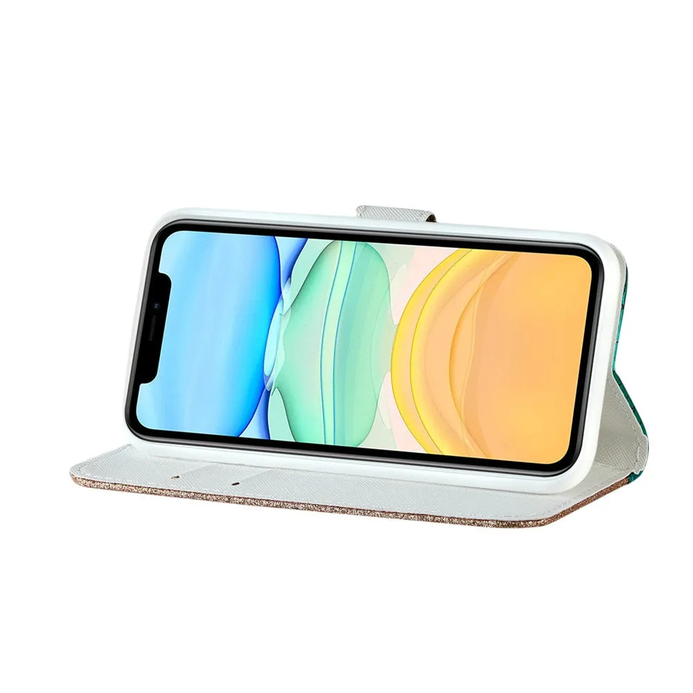 Anymob iPhone Case White Laser Flash Powder Flip Magnetic Wallet Stand Function