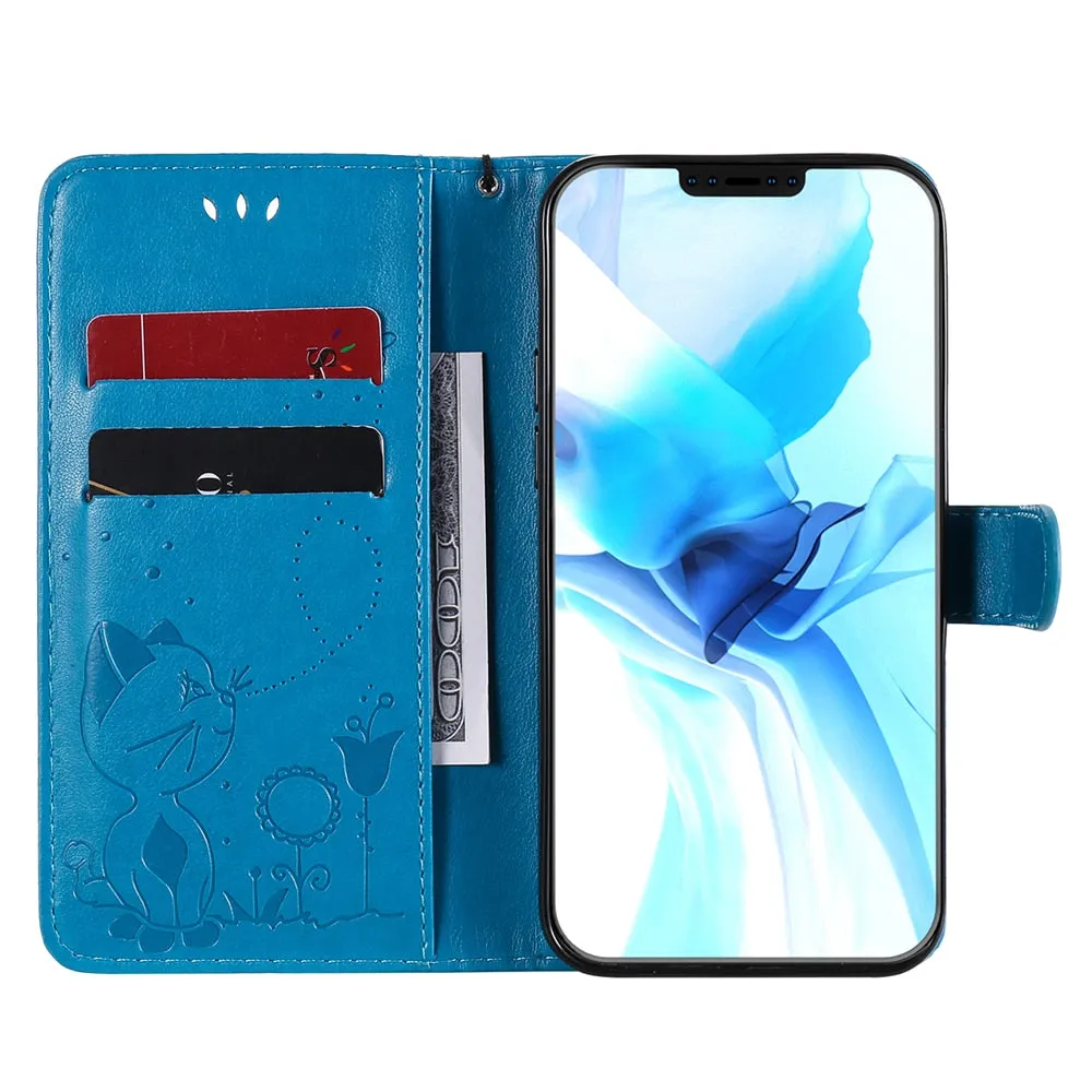 Anymob iPhone Green Leather Flip Case Embossing Cat and Bee Cover