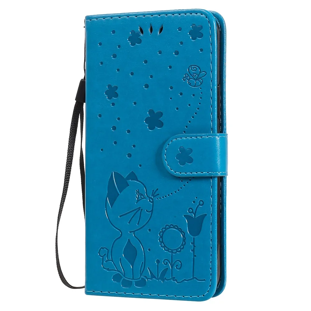 Anymob iPhone Green Leather Flip Case Embossing Cat and Bee Cover
