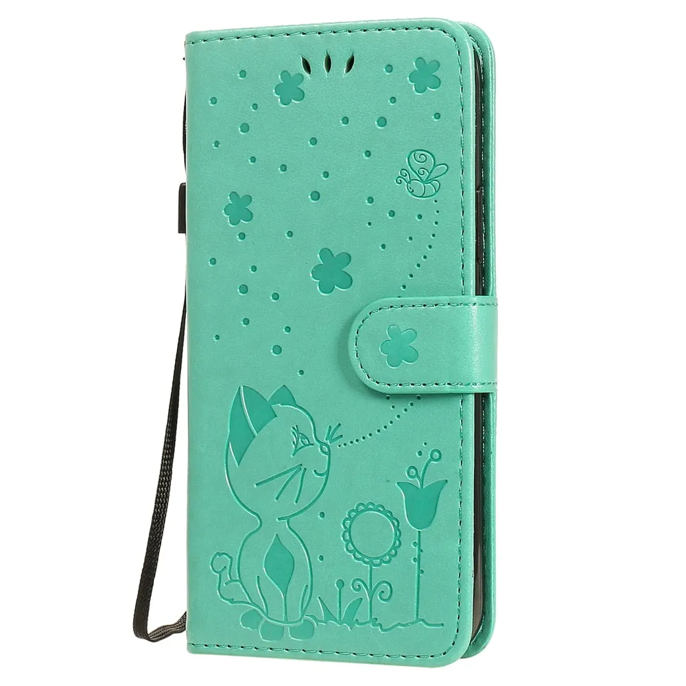Anymob iPhone Green Leather Flip Case Embossing Cat and Bee Cover