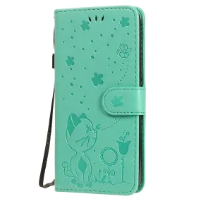 Anymob iPhone Green Leather Flip Case Embossing Cat and Bee Cover