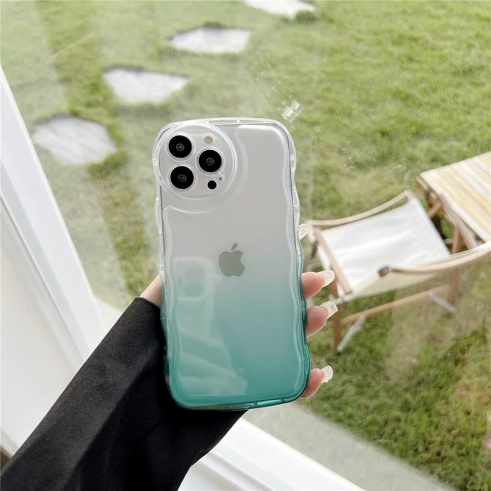 Anymob iPhone Light Blue Gradient Clear Curly Wave Phone Case Shockproof Transparent Cover