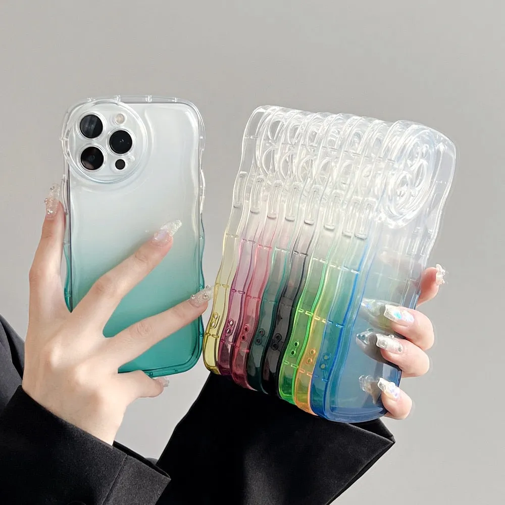 Anymob iPhone Light Blue Gradient Clear Curly Wave Phone Case Shockproof Transparent Cover