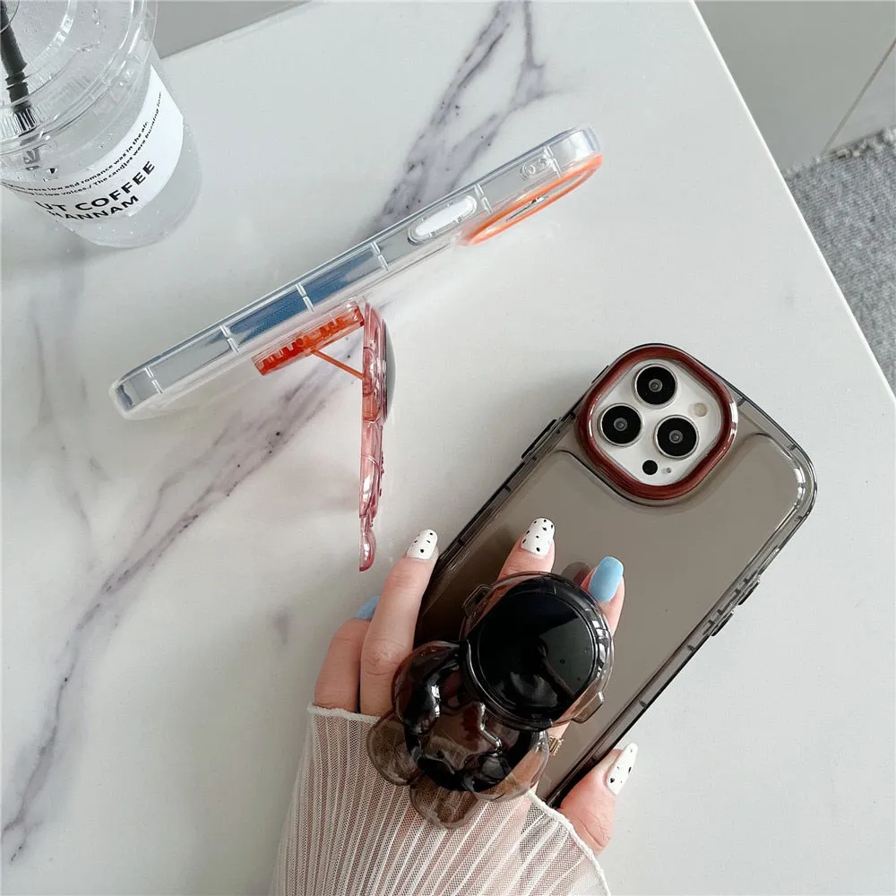 Anymob iPhone Orange Astronaut Holder Phone Case Transparent Shockproof Bumper Back Cover