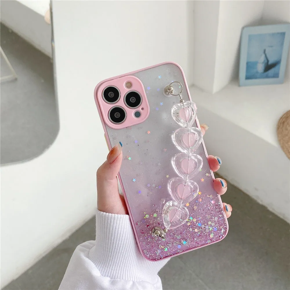 Anymob iPhone Pink Crystal Heart Bracelet Phone Chain Case Glitter Soft Cover