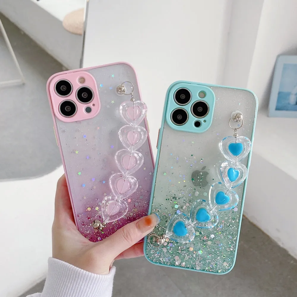 Anymob iPhone Pink Crystal Heart Bracelet Phone Chain Case Glitter Soft Cover