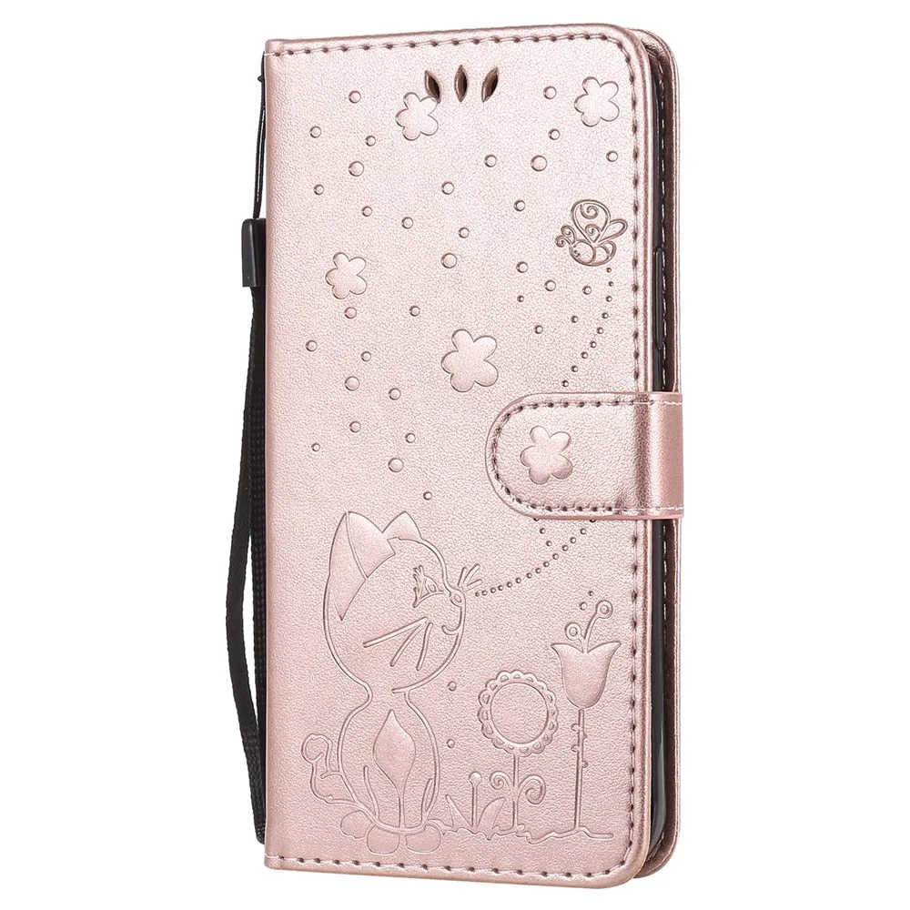 Anymob iPhone Pink Leather Flip Case Embossing Cat and Bee Cover