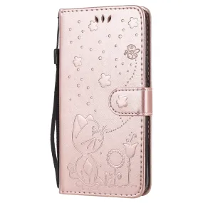 Anymob iPhone Pink Leather Flip Case Embossing Cat and Bee Cover