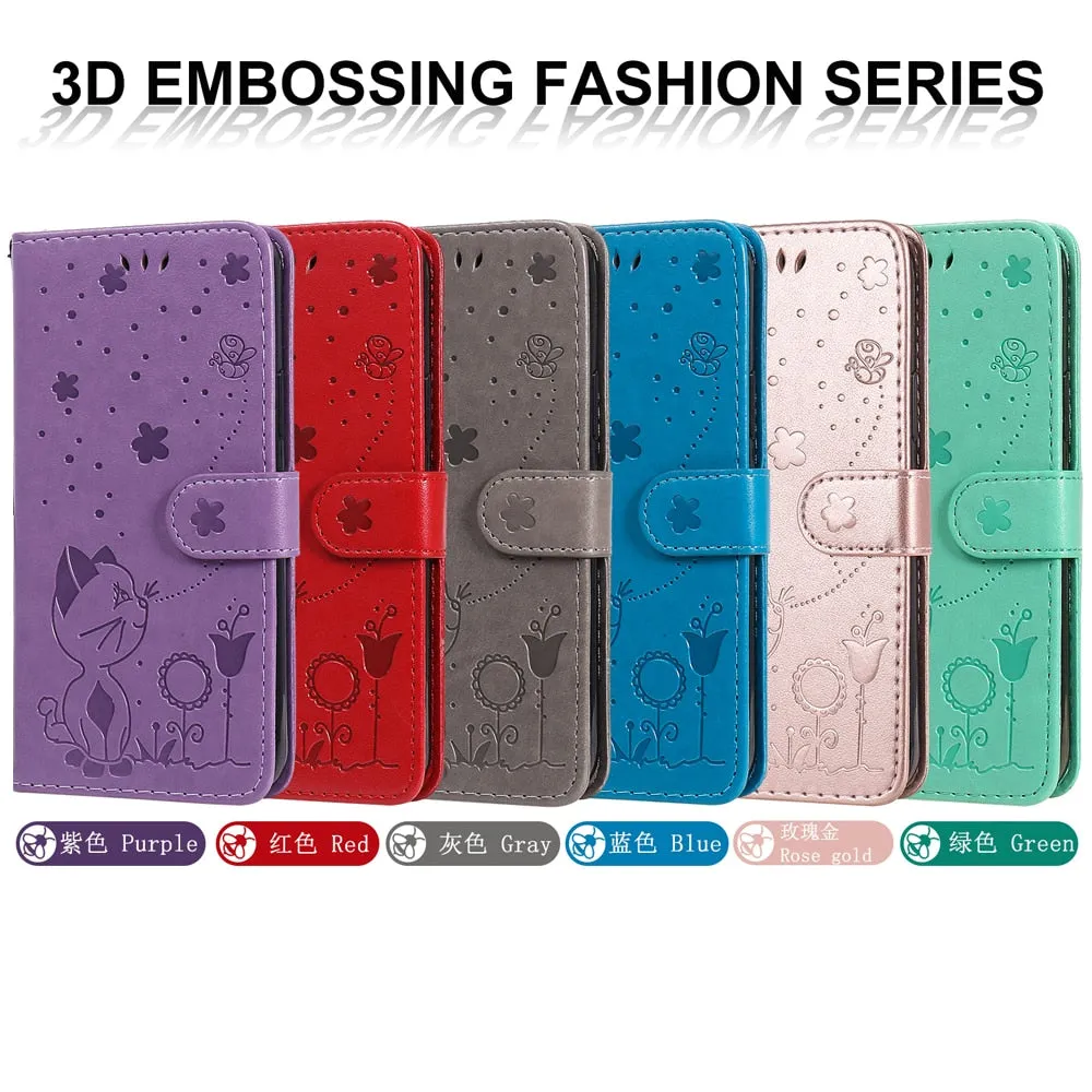 Anymob iPhone Pink Leather Flip Case Embossing Cat and Bee Cover