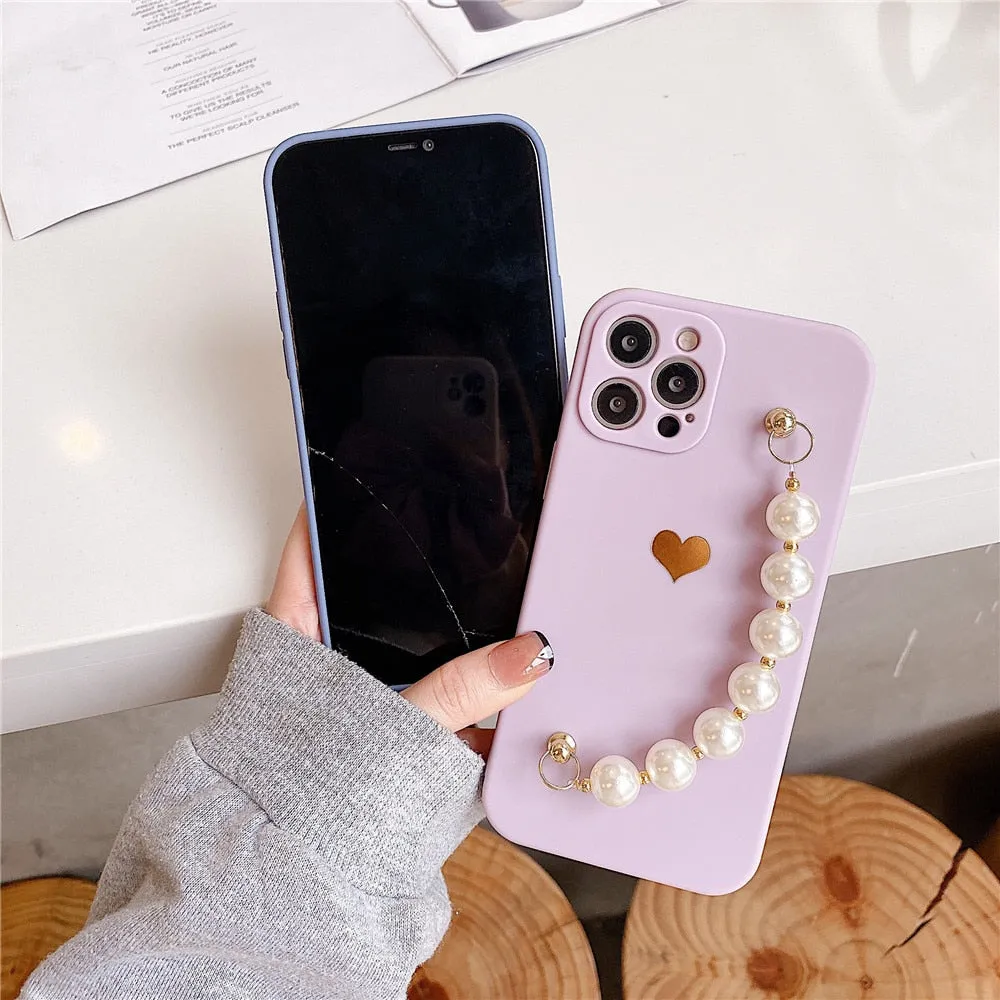 Anymob iPhone Pink Love Heart Pearl Bracelet Phone Case Mini Soft Silicone Back Cover