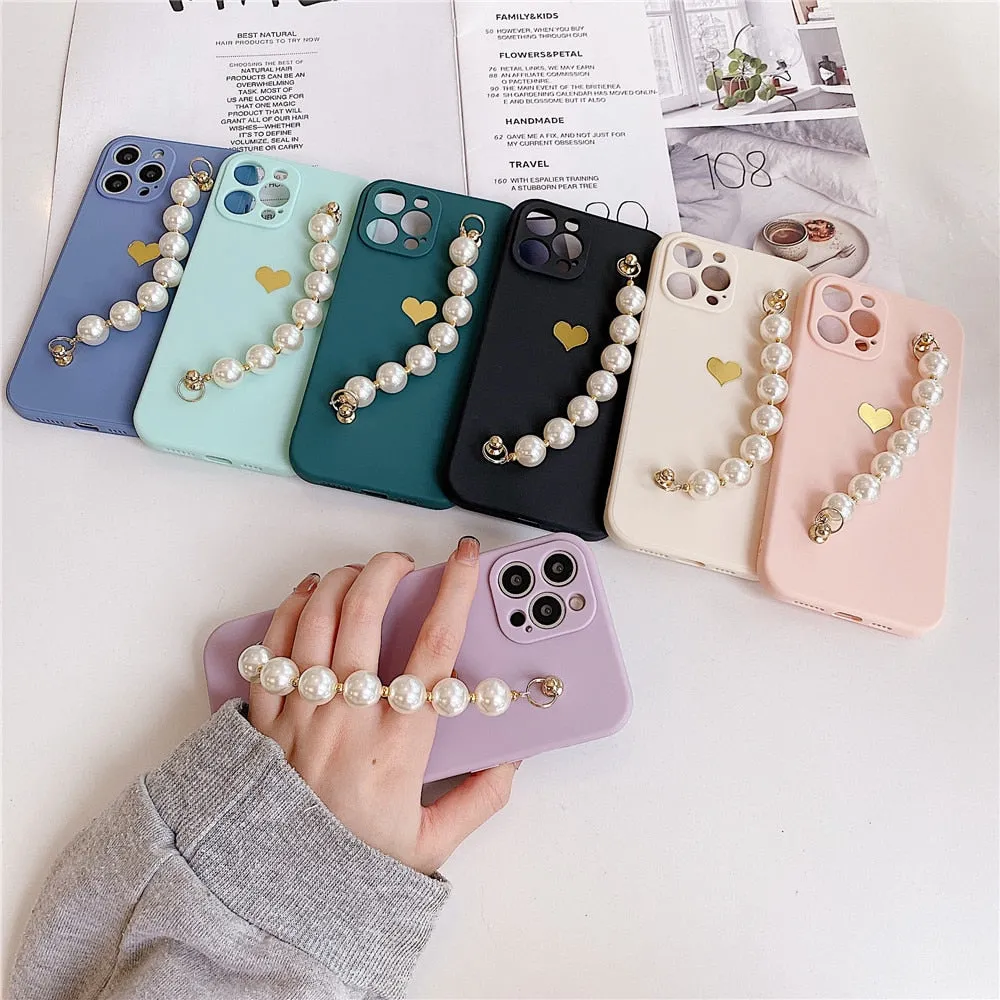 Anymob iPhone Pink Love Heart Pearl Bracelet Phone Case Mini Soft Silicone Back Cover