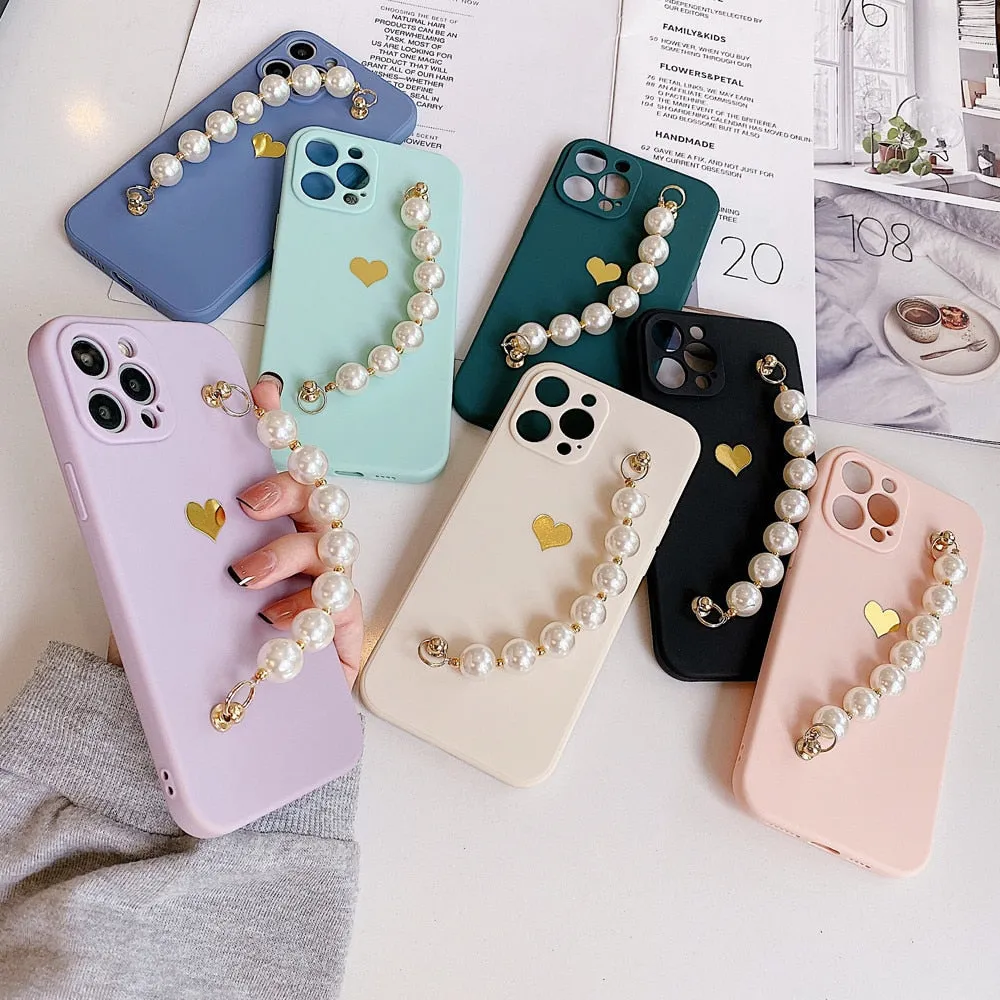 Anymob iPhone Pink Love Heart Pearl Bracelet Phone Case Mini Soft Silicone Back Cover