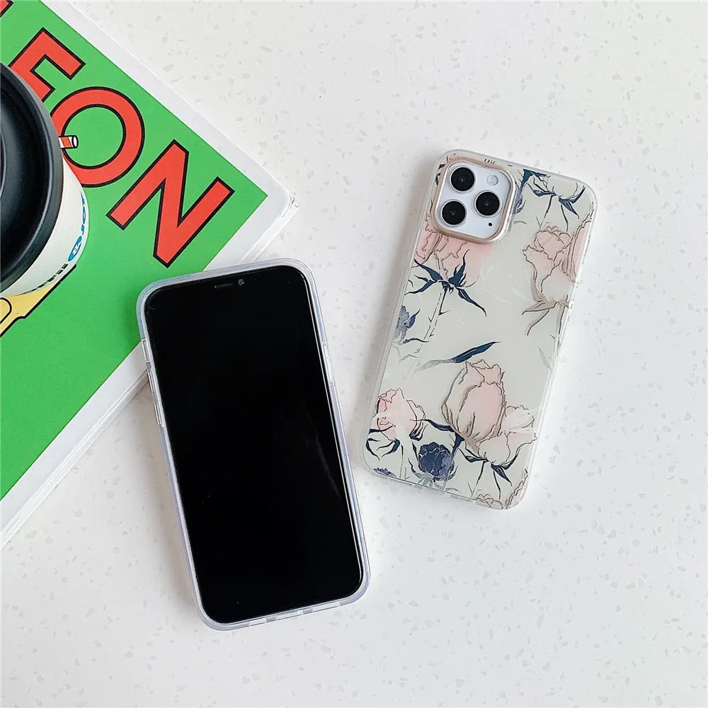 Anymob iPhone Pink Vintage Flower Phone Case Soft Silicone Shockproof Back Cover