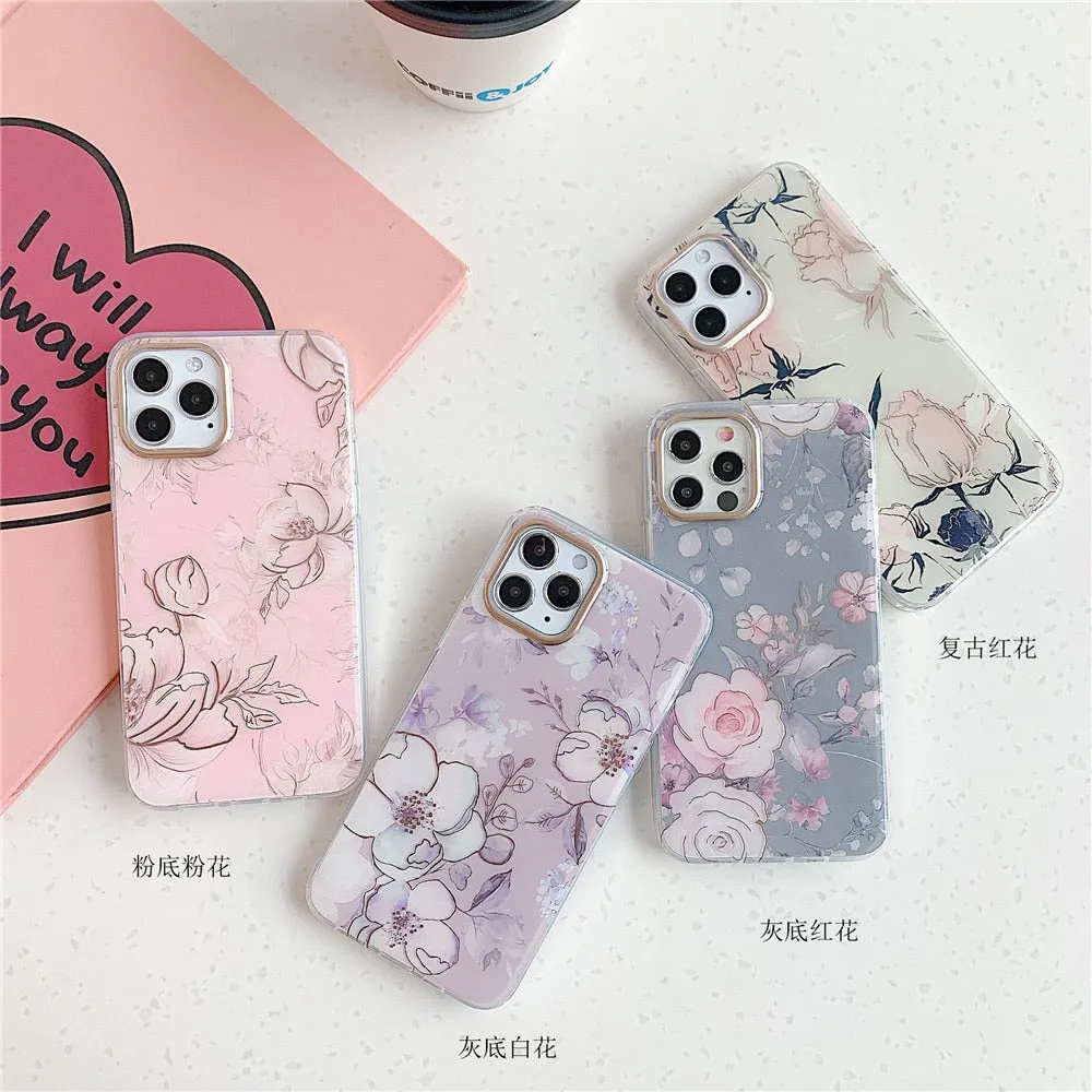 Anymob iPhone Pink Vintage Flower Phone Case Soft Silicone Shockproof Back Cover